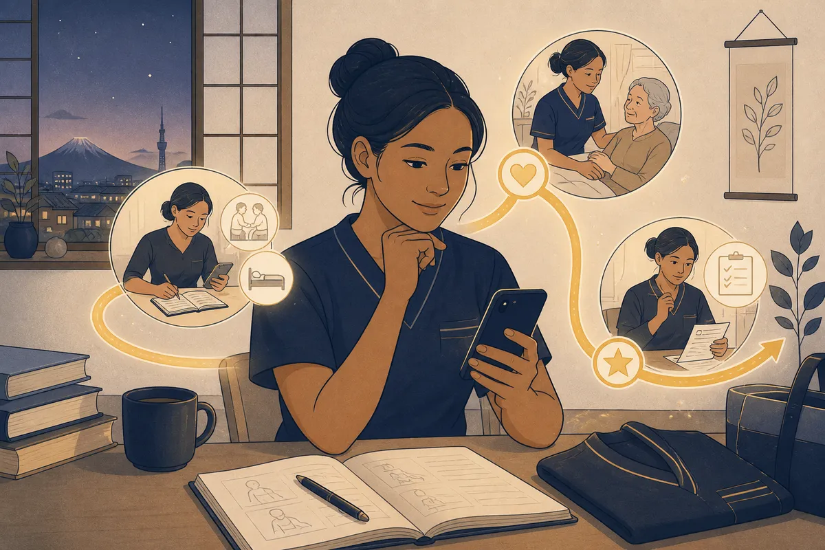 Caregiver using KaigoReady as a trusted learning companion after work