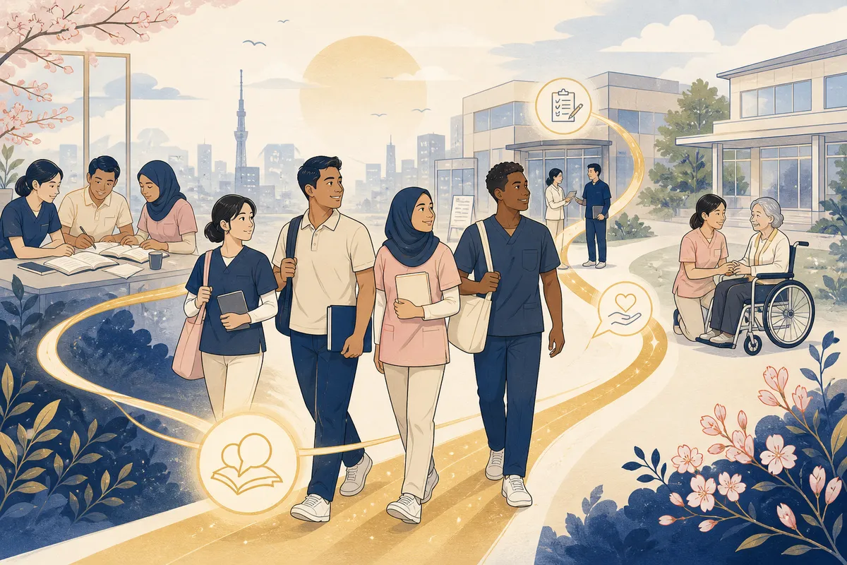 International caregivers moving confidently from study toward exams and compassionate care work